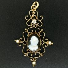 Antique Victorian 14k Yellow Gold Cameo and Diamond Open Work Locket Pendant