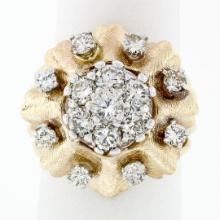 Vintage 14K TT Gold 1.67 ctw Round Brilliant Diamond Cluster Flower Cocktail Rin