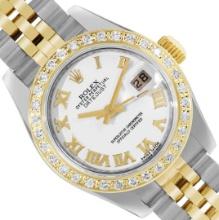 Rolex Ladies 18K Gold And Steel White Roman Diamond Bezel Hidden Clasp Datejust