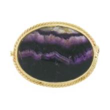 Vintage 9k Gold Oval Bezel Polished Natural Amethyst Twisted Wire Frame Brooch