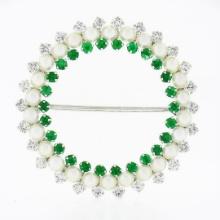 Vintage 14k Gold 1.60 ctw Round Diamond Emerald & White Pearl Circle Wreath Broo