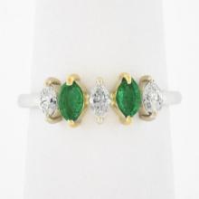 NEW 18K TT Gold 0.66 ctw Marquise Prong Diamond & Emerald Five 5 Stone Band Ring