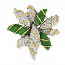 Vintage 18K TT Gold 1.20 ctw Pave Diamond Green Enamel Textured Flower Brooch Pi