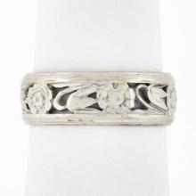 Vintage 14k White Gold 6.3mm Pierced Open Floral Work Wide Eternity Band Ring
