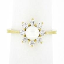 NEW Classic 18k Yellow Gold 5.25mm Pearl .40 ctw Round Diamond Flower Cluster Ri