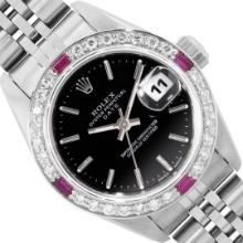 Rolex Ladies Stainless Steel Black Index Dial Diamond And Ruby Bezel Date Wristw