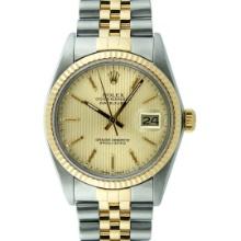 Rolex Mens Two Tone Yellow Gold And Steel Champagne Tapestry Datejust Wristwatch