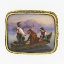 Antique 14k Gold Detailed Hand Painted Boat Scene w/ Engraved Frame Pin Brooch
