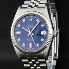 Rolex Mens Stainless Blue Diamond Dial Fluted Bezel 36MM Datejust Wristwatch