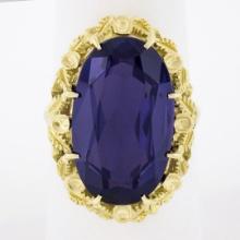 Vintage 18k Gold Elongated Oval Synthetic Alexandrite Solitaire Textured Ring