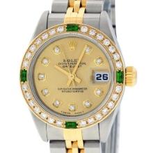 Rolex Ladies Two Tone 18K Quickset Sapphire Champagne Diamond And Emerald Dateju