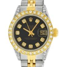 Rolex Ladies Quickset Two Tone Black Diamond Lugs Datejust Wristwatch