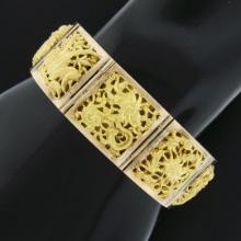 Vintage Solid 18k Yellow Gold Nautical Themed Hinged Square Panel Link Bracelet