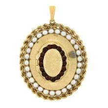 Vintage 14K Gold Garnet & Pearl Large Textured Oval Reversible Locket Pendant