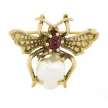 Estate 14K Gold Red Spinel & Baroque Pearl Detailed Fly Bee Insect Pin Brooch