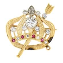 Antique 14k TT Gold Diamond & Ruby Detailed Crown w/ Scepter Pin Brooch Pendant