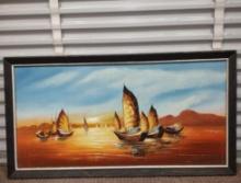 Large Vintage Framed Giclee of Chinese Junk Boats