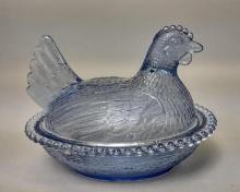 Vintage Depression Indiana Glass Light Blue Chicken/Hen on Nest