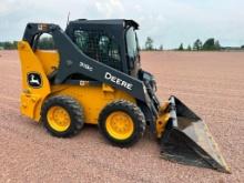 2022 John Deere 318G skid steer, cab w/AC, 2-spd, aux hyds, pilot controls, air seat, bucket,