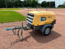 2017 Atlas Copco XAS110 portable air compressor, Kubota diesel engine, 110CFM, pintle hitch, runs &