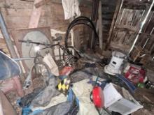 CONTENTS OF 2-STALLS: KEROSENE HEATER, SLEIGH, HAME, GAS CAN, BICYCLE, MISC.