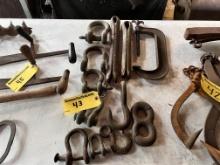 LOT: ASSORTED CLEVISES, CHAIN HOOKS, COTTER PINS, C-CLAMP,