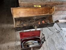 LOT: WOODEN TOOL BOX & ASSORTED DRILLS, PLANER, MISC.
