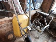 WHEEL BARROW, CHAIR FRAMES, TRANSFER CASE, MISC. ON SHELVES, ROOF BRACKETS, CRUTCHES