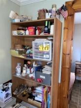 5-SHELF WOODEN BOOKCASE & CONTENTS: CRAFTING SUPPLIES, OFFICE SUPPLIES, BASKETS, MISC.