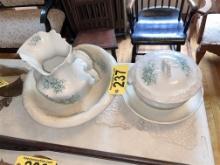 LOT: 5-PC VINTAGE HARVARD GREEN FLORAL WASH BOWL, PITCHER, CHAMBER POT W/ LID & BASE