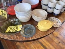 LOT OF ASSORTED DISHWARE, BOWLS, SAUCER, SMALL CASSEROLE DISH