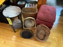 LOT: 12" ROUND SIDE TABLE W/ LOWER SHELF, ASSORTED BASKETS, UPHOLSTERED OTTOMAN