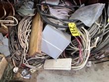 LOT: MISC. WIRE UNDER BENCH, ASSORTED ELECTRICAL HARDWARE & MISC ON & UNDER BENCH