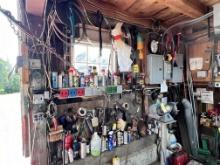 MISC. LOT ON BARN WALLS ON LEFT SIDE, PAINT SUNDRIES, BAND SAW BLADES, TAPES, HAND TOOLS,