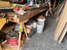 LOT: MISC. ON & UNDER BENCH, 4" X 8" BEAMS & MISC. LUMBER ON 2-SAW HORSES,  NAILS, SCREWS