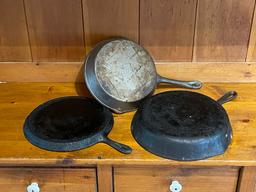 Made in USA OG Cast Iron Griddle and Two Unmarked Fry Pans