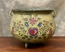 Antique 3 Legged Cast Iron Kettle With Later Added Painted Floral Design