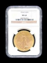 1914 D $20 GOLD ST. GAUDENS DOUBLE EAGLE COIN.