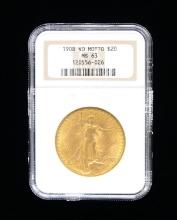 1908 NO-MOTTO $20 GOLD ST. GAUDENS DOUBLE EAGLE