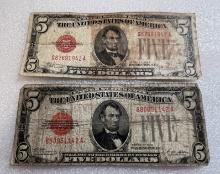 (2) 1928 $5 Red Seal Notes