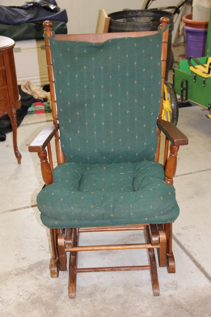 Wood Glider with Green Upholstered Cushions