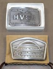 Two BSA Silver-Colored Belt Buckles, Milwaukee and Hidden Valley