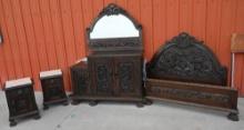 Ornate Early Clawfoot Antique Dresser with Pair of Marble Top Night Stands!