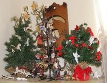 Three Small Table Top Christmas Trees Filled with a Variety of Cool Ornaments