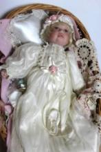 Beautiful 17" Artist-Made Porcelain Doll in Fancy Dress and Basket