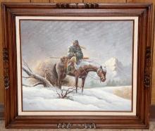 Original Oil Painting of Native American Man on Horseback in Snow Signed Gonzalez