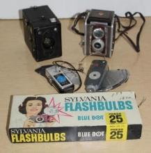 Pair of Antique Box Cameras and Two Flash Units