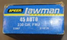50 Cartridges Speer Lawman 45 Auto 230 Grain Ammunition