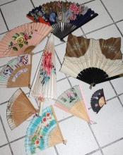 Collection of Older Asian Paper and Silk Fans and Umbrella