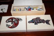 Set of Wood Boxes with Pacific NW Indigenous Designs and 1 Filled with Matches